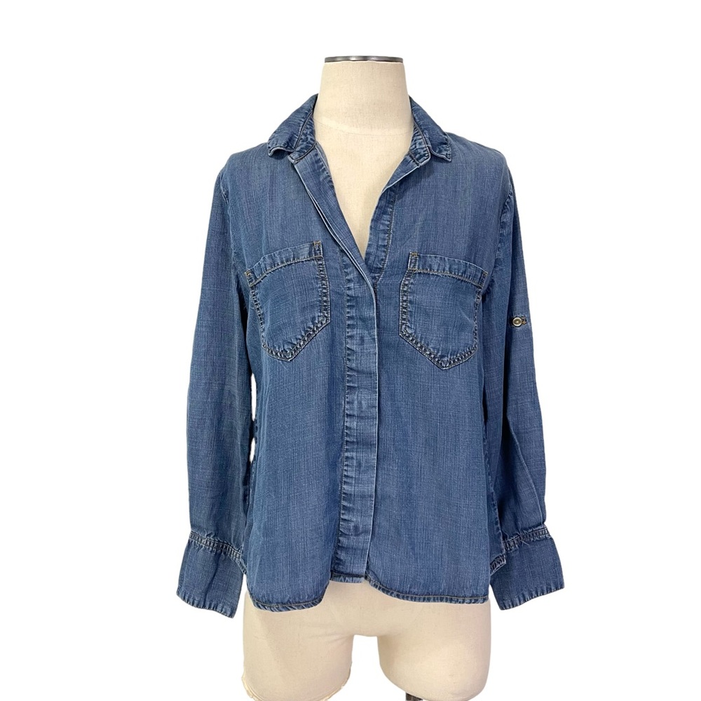 Bella Dahl- Blue Chambray Split Tail Button Down … - image 1
